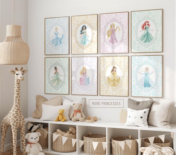16 PRINCESS Wall Art Prints, Princess Nursery Wall Art, Pastel Wall Art Nursery Decor, Princess Nursery Prints, Fairytale Playroom Prints