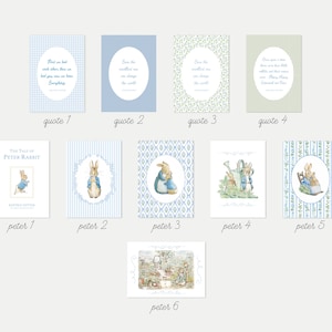 Puede incluir: Una colecci&oacute;n de l&aacute;minas art&iacute;sticas con el tema de Peter Rabbit. Las l&aacute;minas presentan ilustraciones de Peter Rabbit, citas y escenas del libro infantil cl&aacute;sico. La paleta de colores incluye azul, verde y blanco, con varios patrones y dise&ntilde;os.