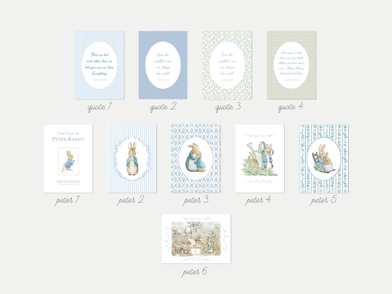 Puede incluir: Una colecci&oacute;n de l&aacute;minas art&iacute;sticas con el tema de Peter Rabbit. Las l&aacute;minas presentan ilustraciones de Peter Rabbit, citas y escenas del libro infantil cl&aacute;sico. La paleta de colores incluye azul, verde y blanco, con varios patrones y dise&ntilde;os.