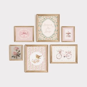 Peut inclure: Ensemble de six impressions d'art encadr&eacute;es avec une esth&eacute;tique vintage. Les impressions pr&eacute;sentent des motifs floraux et botaniques, un v&eacute;lo, un oiseau et le texte "Bonjour Ma Belle". Les cadres sont de couleur bois clair.
