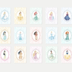 May include: Set of fifteen illustrated cards featuring Disney princesses in oval frames. Each princess is depicted in a colorful gown, set against a pastel floral background. The cards are arranged in a grid, showcasing a variety of princess characters.