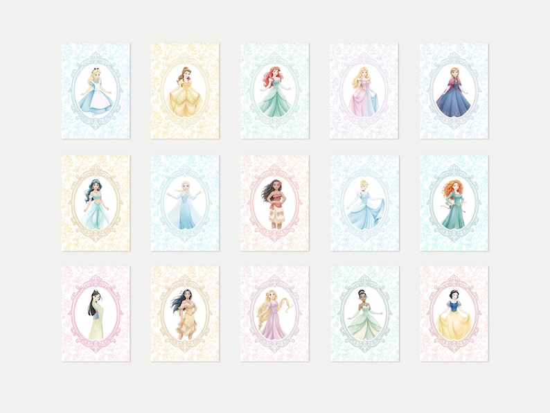 May include: Set of fifteen illustrated cards featuring Disney princesses in oval frames. Each princess is depicted in a colorful gown, set against a pastel floral background. The cards are arranged in a grid, showcasing a variety of princess characters.