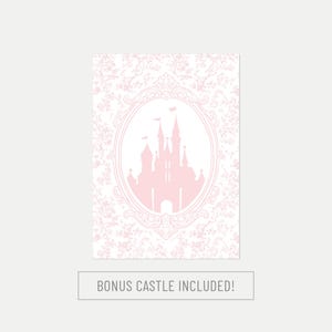 May include: A pink castle silhouette is framed within an oval, set against a floral patterned background. The text "BONUS CASTLE INCLUDED!" is at the bottom. The design is soft and feminine, suitable for themed decor.