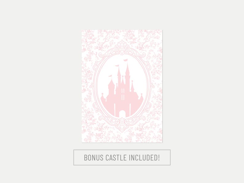 May include: A pink castle silhouette is framed within an oval, set against a floral patterned background. The text "BONUS CASTLE INCLUDED!" is at the bottom. The design is soft and feminine, suitable for themed decor.