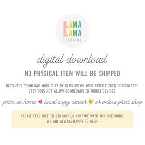 May include: White background with text announcing a digital download. The text includes "Lama Lama Learning" logo, "digital download", and instructions for downloading. It also mentions printing at home or a local copy center.