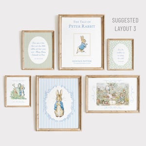 Puede incluir: Una colecci&oacute;n de l&aacute;minas enmarcadas con ilustraciones y texto de "El cuento de Peter Rabbit" de Beatrix Potter. Las l&aacute;minas incluyen im&aacute;genes de Peter Rabbit y escenas de la historia, con un dise&ntilde;o sugerido.