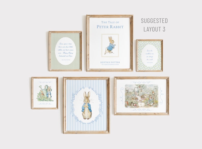 Puede incluir: Una colecci&oacute;n de l&aacute;minas enmarcadas con ilustraciones y texto de "El cuento de Peter Rabbit" de Beatrix Potter. Las l&aacute;minas incluyen im&aacute;genes de Peter Rabbit y escenas de la historia, con un dise&ntilde;o sugerido.