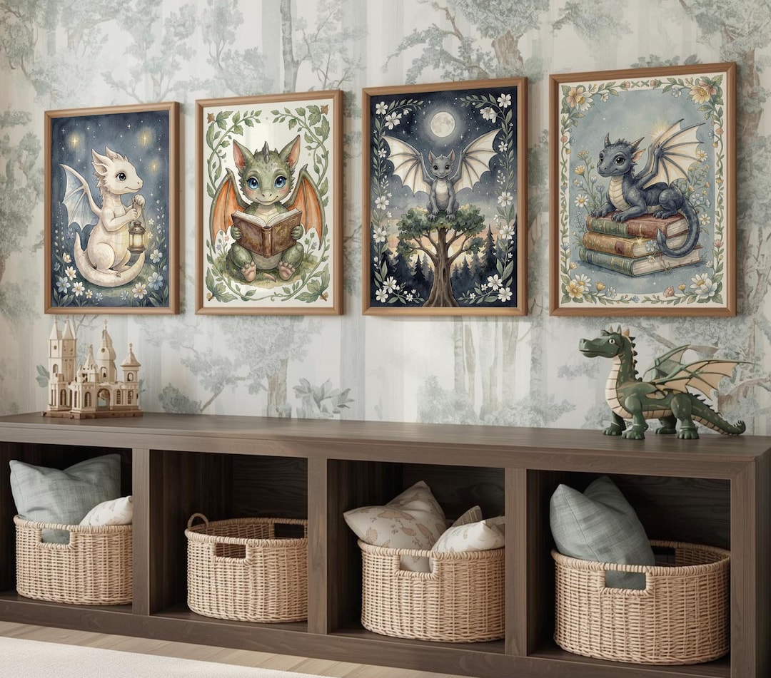 4 Folk Art Dragon Nursery Wall Art Prints, Baby Dragon Whimsical Wall ...
