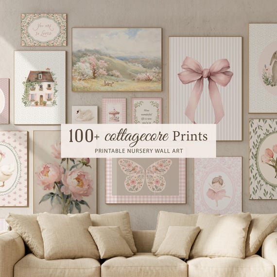 100+ Cottagecore Nursery Wall Art Prints, Pink Vintage Nursery Decor,Farmhouse Wall Art Baby Shower Gift,Cottagecore Wall Art Nursery Prints