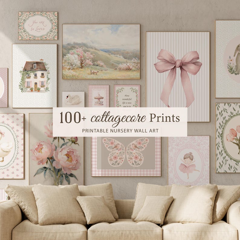Peut inclure: Une collection d'impressions cottagecore encadr&eacute;es, avec des illustrations florales, de paysages et d'animaux. Les impressions sont dans des couleurs pastel douces, avec un accent sur le rose et le vert. Le texte "100+ cottagecore Prints" est affich&eacute;.