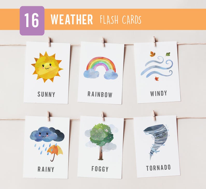 16 WEATHER Flashcards, Montessori Cards, Weather 3 Part Cards ...