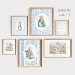 Puede incluir: Una colecci&oacute;n de l&aacute;minas enmarcadas con ilustraciones de conejos de estilo vintage. Las l&aacute;minas tienen una paleta de colores suaves de azul, beige y verde, con fondos florales y a rayas. El texto "SUGGESTED LAYOUT 2" es visible.
