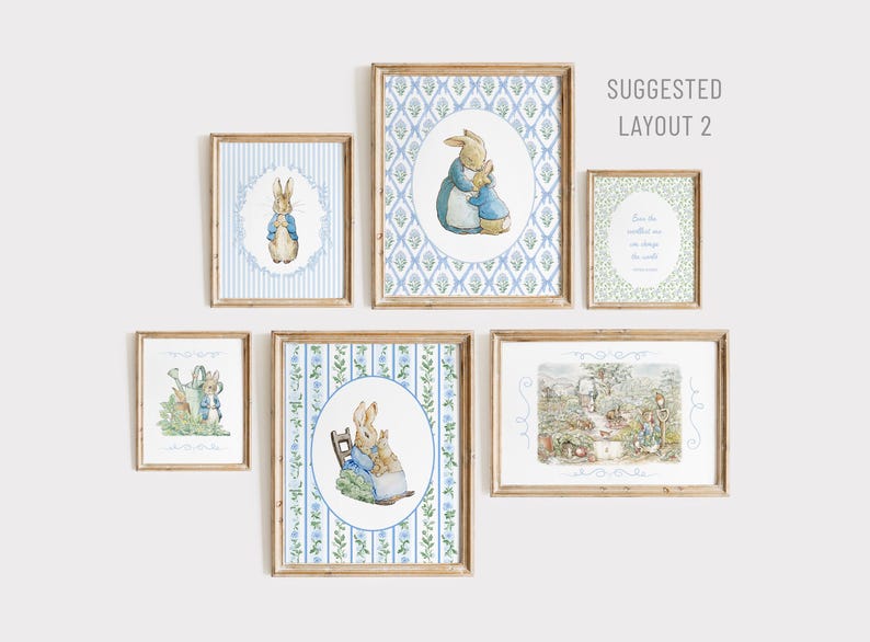 Puede incluir: Una colecci&oacute;n de l&aacute;minas enmarcadas con ilustraciones de conejos de estilo vintage. Las l&aacute;minas tienen una paleta de colores suaves de azul, beige y verde, con fondos florales y a rayas. El texto "SUGGESTED LAYOUT 2" es visible.