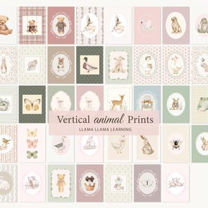 Peut inclure: Une collection d'estampes verticales d'animaux avec des illustrations &agrave; l'aquarelle de divers animaux, dont un ours en peluche, un lapin, un chien et un papillon. Les estampes sont dispos&eacute;es en grille avec des fonds floraux et &agrave; motifs. Le texte indique "Vertical animal Prints".