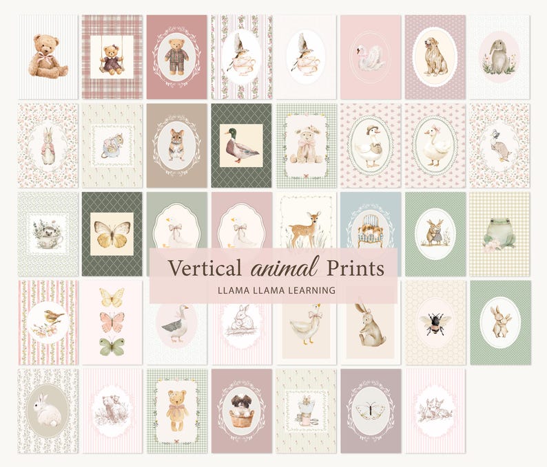 Peut inclure: Une collection d'estampes verticales d'animaux avec des illustrations &agrave; l'aquarelle de divers animaux, dont un ours en peluche, un lapin, un chien et un papillon. Les estampes sont dispos&eacute;es en grille avec des fonds floraux et &agrave; motifs. Le texte indique "Vertical animal Prints".