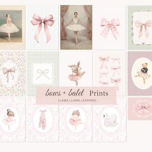 Peut inclure: Une collection d'estampes &agrave; l'aquarelle repr&eacute;sentant des danseuses de ballet, des n&oelig;uds et des images connexes. Les estampes pr&eacute;sentent une palette de couleurs douces de roses, de blancs et de verts. Le texte "bows + ballet Prints" est affich&eacute; au centre.