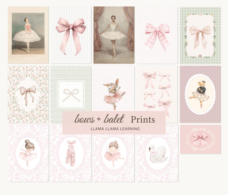 Peut inclure: Une collection d'estampes &agrave; l'aquarelle repr&eacute;sentant des danseuses de ballet, des n&oelig;uds et des images connexes. Les estampes pr&eacute;sentent une palette de couleurs douces de roses, de blancs et de verts. Le texte "bows + ballet Prints" est affich&eacute; au centre.