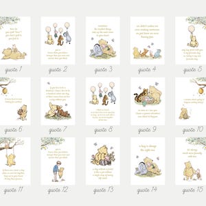 May include: A collection of 15 Winnie the Pooh art prints, each featuring a different quote and illustration. The prints showcase various characters, including Pooh, Piglet, Tigger, and Eeyore, in soft pastel colors. The quotes are displayed below each image.