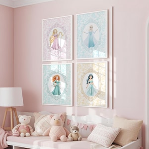 May include: Four framed art prints featuring princess illustrations in ornate oval frames. The prints are in pastel colors, with a pink, blue, and yellow background. The room also includes a white bench with stuffed animals and pillows.