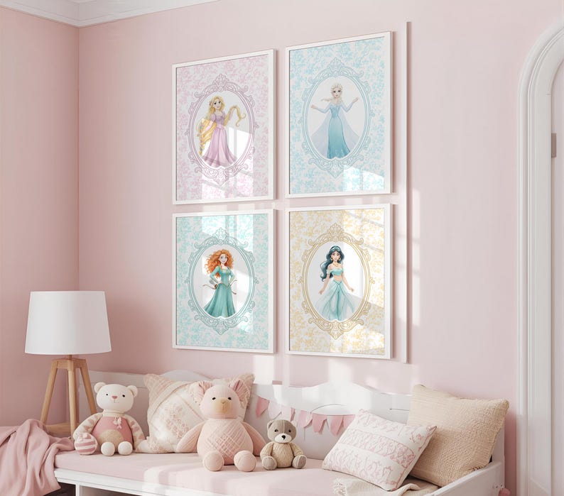 May include: Four framed art prints featuring princess illustrations in ornate oval frames. The prints are in pastel colors, with a pink, blue, and yellow background. The room also includes a white bench with stuffed animals and pillows.