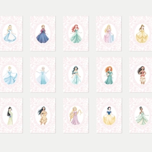 May include: Fifteen watercolor illustrations of Disney princesses, each framed in a pink oval with a floral border. The princesses are depicted in their iconic gowns, with varying hair colors and styles. The overall theme is fairytale and fantasy.