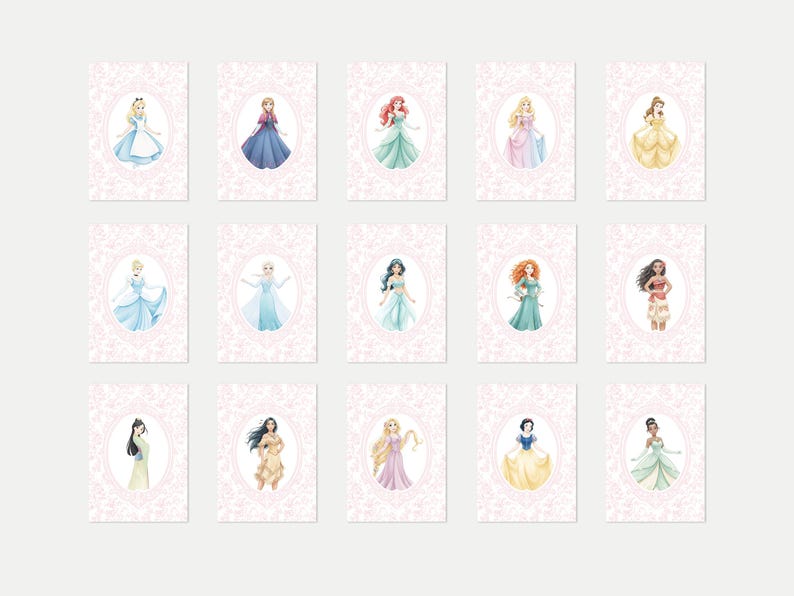 May include: Fifteen watercolor illustrations of Disney princesses, each framed in a pink oval with a floral border. The princesses are depicted in their iconic gowns, with varying hair colors and styles. The overall theme is fairytale and fantasy.