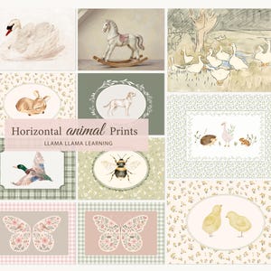 Peut inclure: Collection d'estampes d'animaux &agrave; l'aquarelle, dont un cygne, un cheval &agrave; bascule, des oies, un cerf, un chien, un canard, une abeille, un h&eacute;risson, une oie, une souris, des papillons et des poussins. Texte : "Horizontal animal Prints" et "LLAMA LLAMA LEARNING".