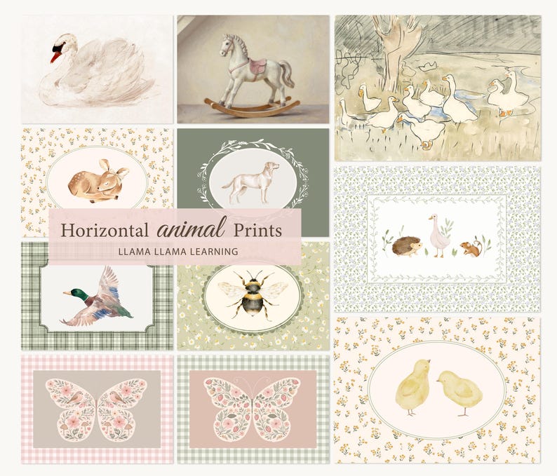 Peut inclure: Collection d'estampes d'animaux &agrave; l'aquarelle, dont un cygne, un cheval &agrave; bascule, des oies, un cerf, un chien, un canard, une abeille, un h&eacute;risson, une oie, une souris, des papillons et des poussins. Texte : "Horizontal animal Prints" et "LLAMA LLAMA LEARNING".