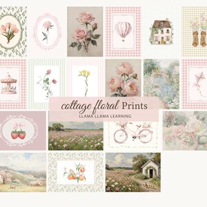Peut inclure: Une collection d'estampes florales de style cottage pr&eacute;sentant des illustrations &agrave; l'aquarelle de fleurs, de paysages et d'objets fantaisistes. Les estampes comprennent des images de roses, d'une montgolfi&egrave;re, d'un carrousel et d'un v&eacute;lo. Le texte "cottage floral prints" est affich&eacute;.