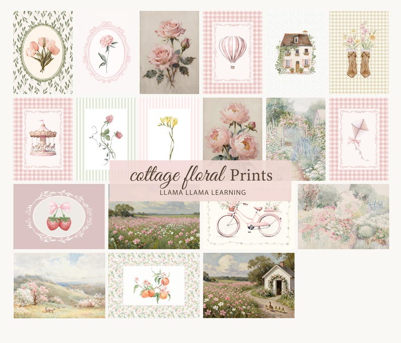 Peut inclure: Une collection d'estampes florales de style cottage pr&eacute;sentant des illustrations &agrave; l'aquarelle de fleurs, de paysages et d'objets fantaisistes. Les estampes comprennent des images de roses, d'une montgolfi&egrave;re, d'un carrousel et d'un v&eacute;lo. Le texte "cottage floral prints" est affich&eacute;.