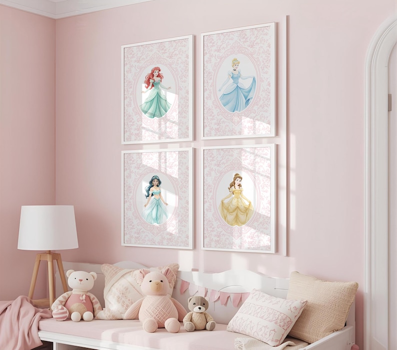 May include: Four framed princess art prints. Each print features a different princess in a watercolor style, set against a pink floral background. The princesses are in dresses of various colors, including blue, green, and yellow.