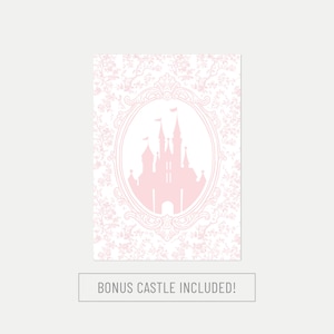May include: A pink castle silhouette is centered within an oval frame on a floral patterned background. The words "BONUS CASTLE INCLUDED!" are printed in a rectangular box below the image. The design is in shades of pink and white.
