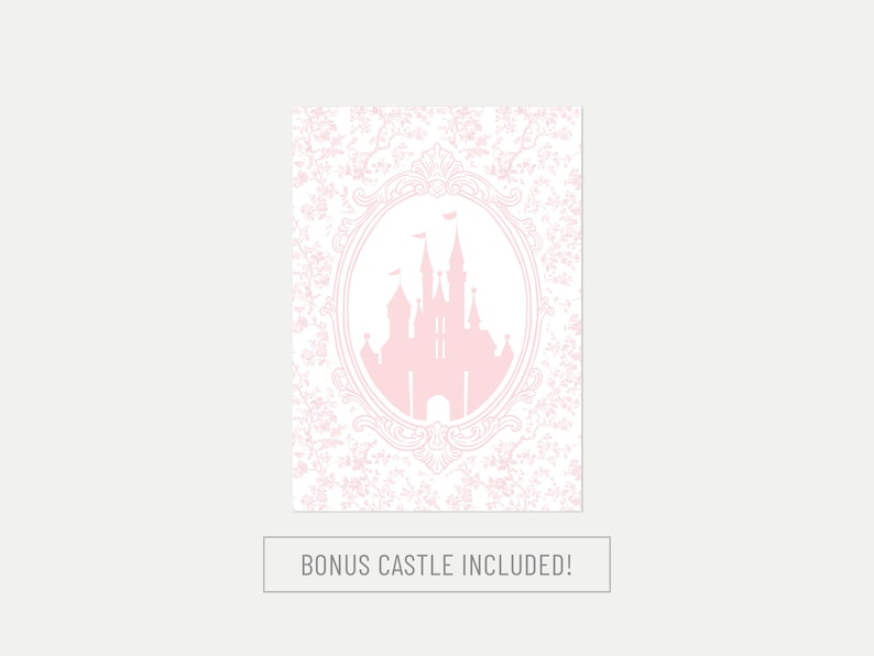 May include: A pink castle silhouette is centered within an oval frame on a floral patterned background. The words "BONUS CASTLE INCLUDED!" are printed in a rectangular box below the image. The design is in shades of pink and white.