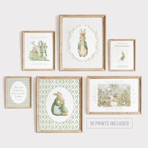 May include: A set of framed art prints showcasing illustrations from the Peter Rabbit stories. The prints feature rabbits, gardens, and text, with a soft pastel colour palette. The frames are wooden.