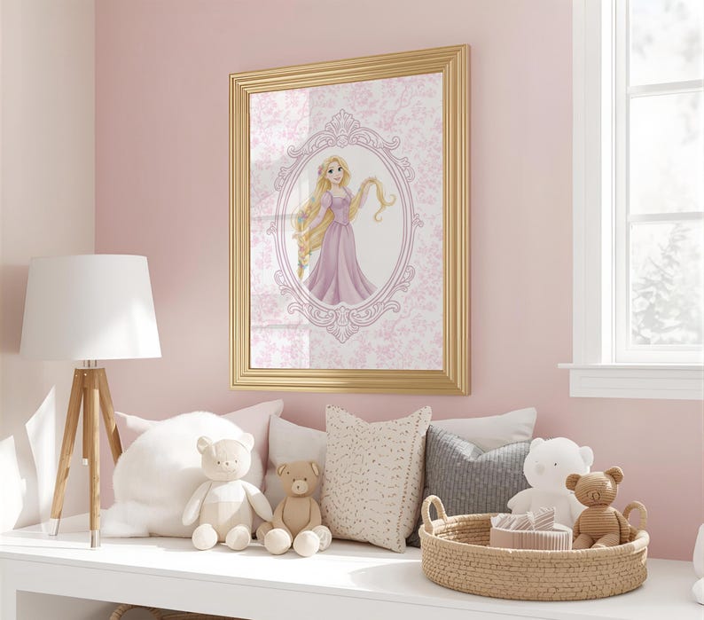 May include: A framed print featuring a princess in a pink dress with long blonde hair. The artwork is set against a pink floral background and framed in gold. The image is displayed in a child's bedroom.