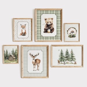May include: A collection of framed watercolor art prints featuring woodland animals and forest scenes. The prints include a fox, bear, deer, cabin, mushrooms, and trees. Each print is in a wooden frame with a decorative border.