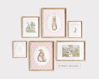 10 pink PETER RABBIT Nursery Wall Art Prints, Cottagecore Peter Rabbit Baby Shower Gift Nursery Decor, Kids Beatrix Potter Nursery Prints