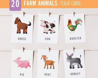 20 FARM ANIMALS Flashcards, Montessori Cards, Farm 3 Part Cards, Preschool Flash Cards, Homeschool Educational Materials, Kids Printables