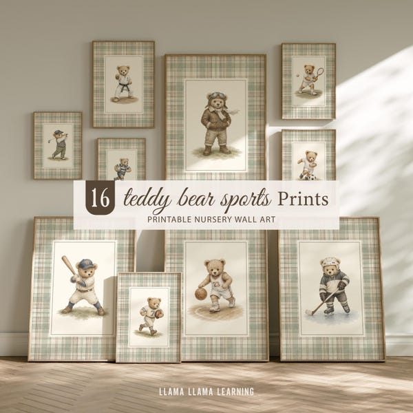 16 Teddy Bear Vintage Sports Nursery Wall Art Prints, Teddy Bear Nursery Decor, Sports Wall Art Baby Shower Gift, Vintage Nursery Prints