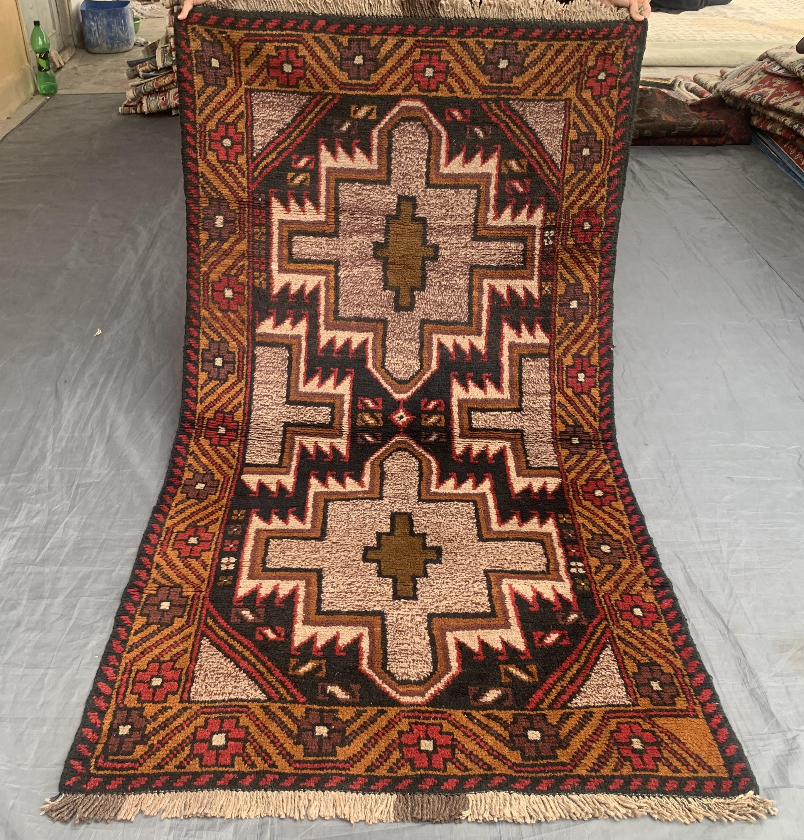 1980s Vintage Afghan Baluch Rug: Hand-knotted Wool Turkmen Carpet