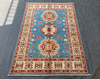 Hand Knotted Wool Kazak Rug: Blue Geometric Afghan Rug 4.1 x 5.9
