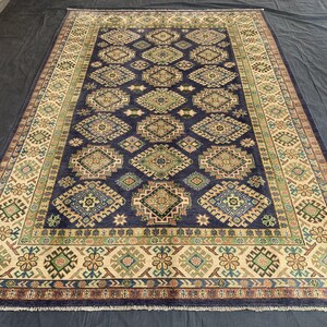 Blue Kazak Rug 6x9 ft – Hand Knotted Wool Afghan Area Carpet – Tribal Geometric Oriental Rug – Living Room Boho Decor – Large Floor Rug