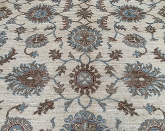 Oushak-wollen vloerkleed 8 x 10 | Crèmebeige handgeknoopt vloerkleed | Oosterse woonkamerinrichting in antieke stijl