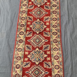 Vintage Soft Kazak Runner Rug, Afghan Kazak Soft Low Pili Rug, Handmade Kazak Runner Rug, Turkish Style Rug, Geometric Soft Area Rug
