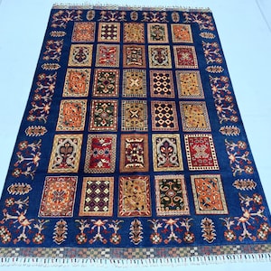 1,2 x 2,1 m blå lapptäcksmatta handknuten afghansk turkmensk tribalmatta med låg lugg i turkisk stil, orientalisk matta i sovrum, vardagsrum, kontor