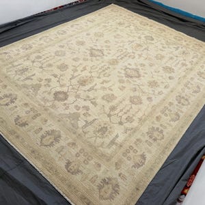 May include: A large rectangular area rug featuring a cream-coloured base with intricate floral and vine patterns in shades of beige and light brown. The design includes a detailed central medallion and a wide decorative border with repeating motifs.