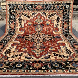Antique Heriz Serapi Rug 9x12 Ft – Hand Knotted Wool Persian Area Rug, Large Tribal Oriental Carpet, Red Black Medallion Rug for Living Room