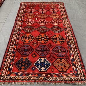 1940s Antique Rug 5x9 ft Caucasian design Rug, Afghan Handmade Low Pile Wool Area Rug, Oriental Geometric Rug, Turkmen Tribal Faded Red Rug