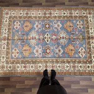 Exquisite Handmade Blue Super Kazak Rug - Afghan Handmade Wool Area Rug, Authentic Oriental Wool Carpet with Timeless Geometric Patterns,