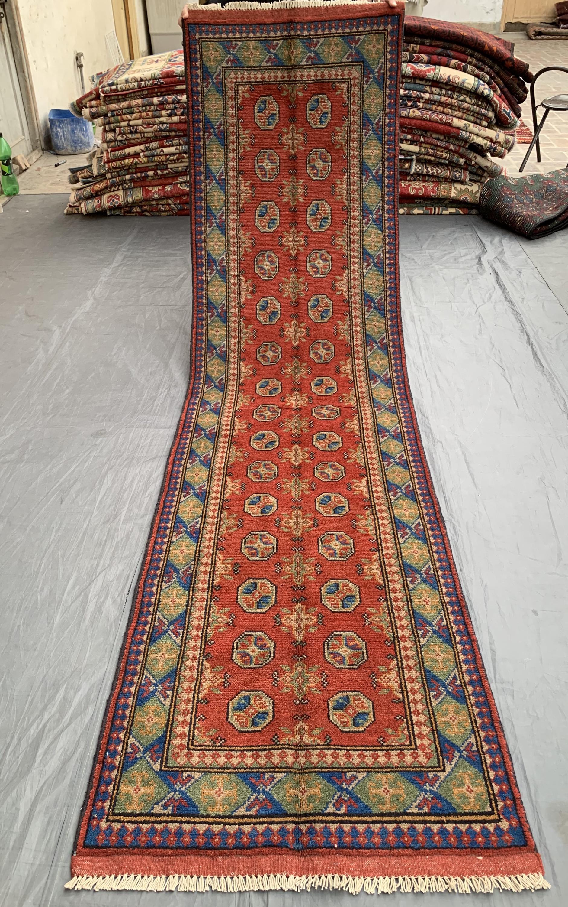 手織りアフガンウールランナーラグ：トライバル幾何学模様の廊下用